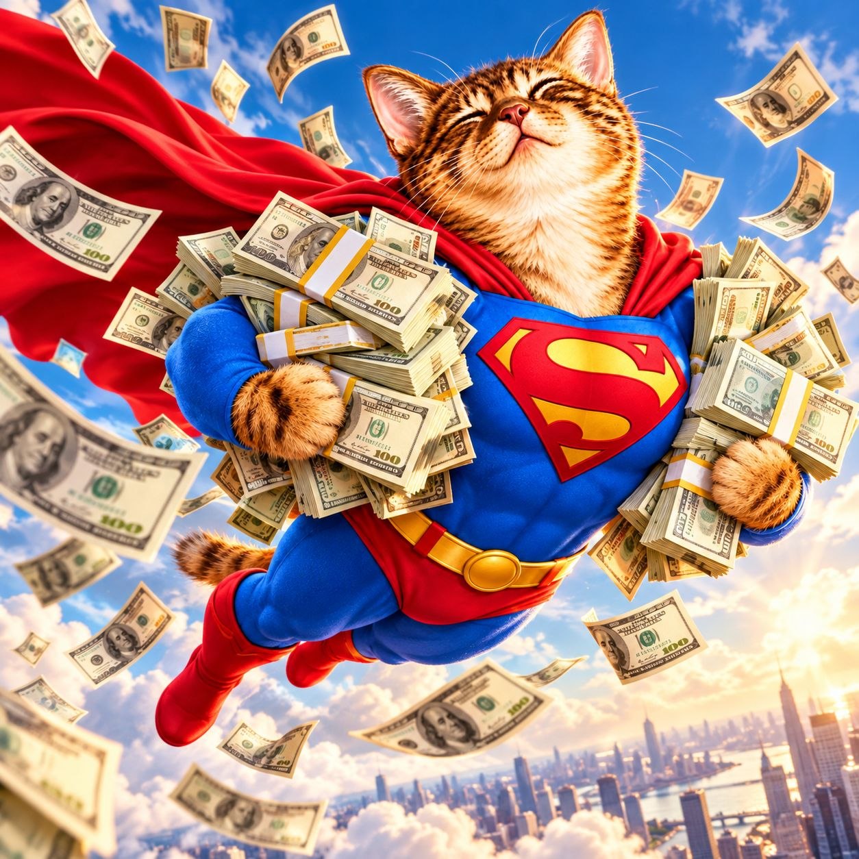 Supercate flying over a city skyline hugging stacks of cash while bills rain from the sky