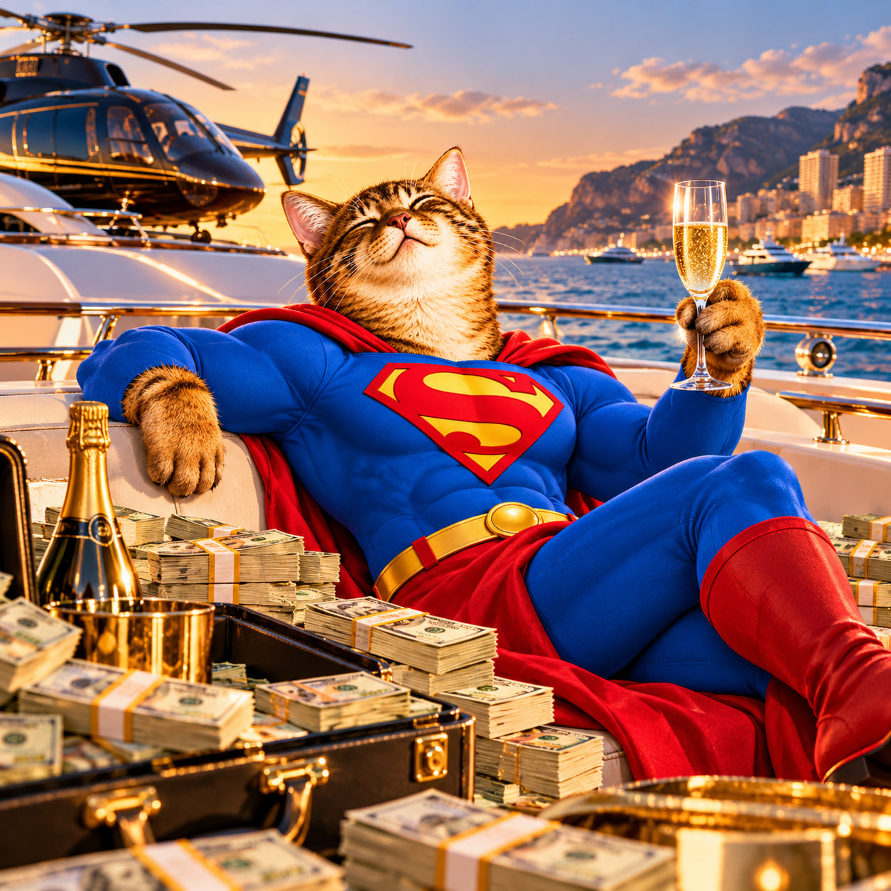 Supercate lounging on a yacht at sunset with a glass of champagne, a helicopter and cash stacks behind him